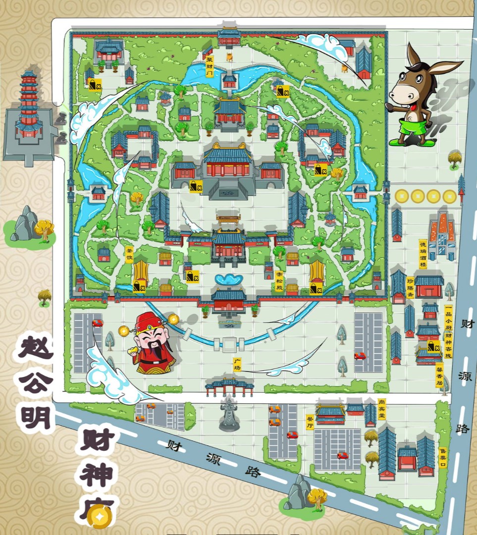 清新寺庙类手绘地图